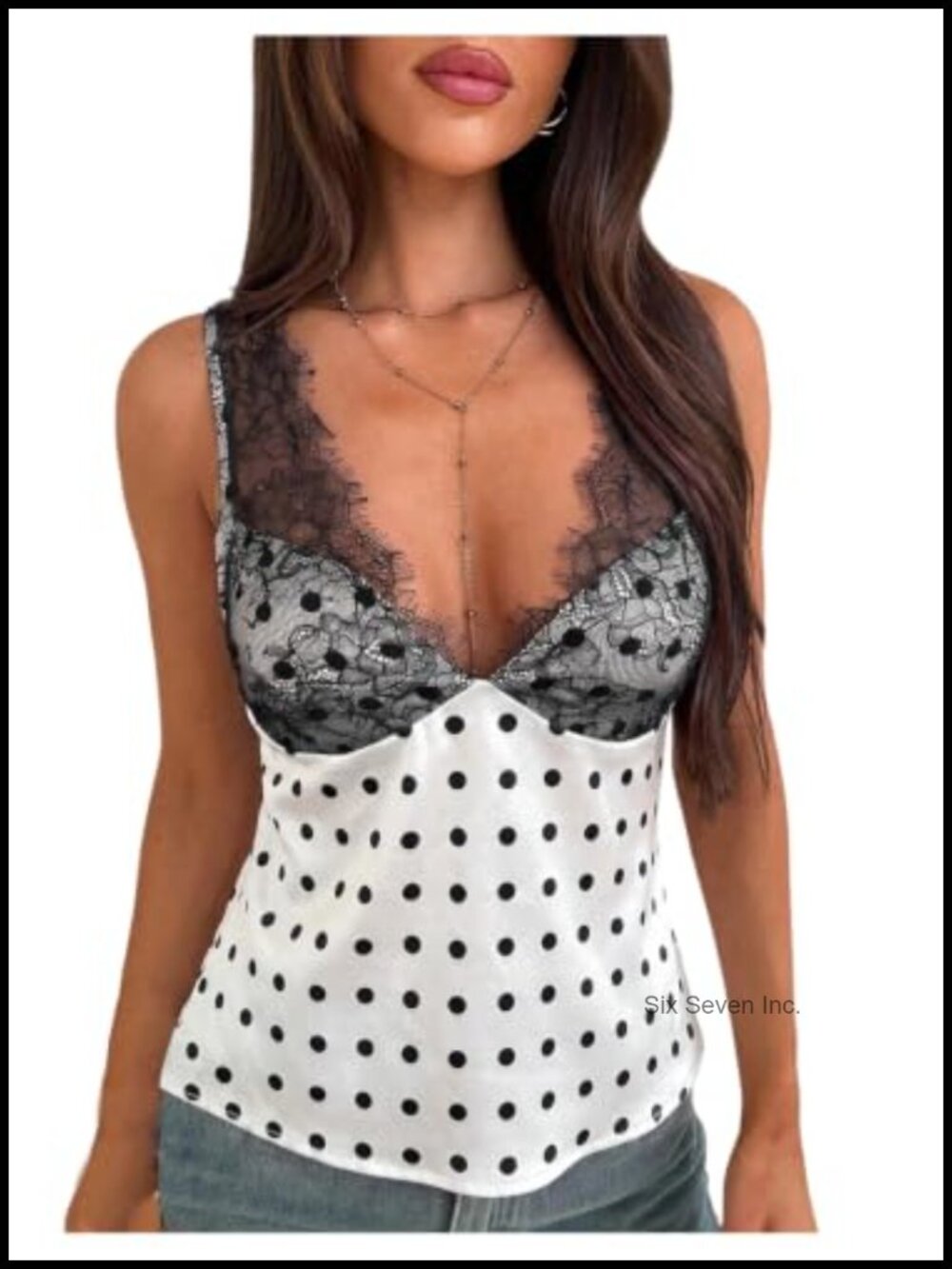 Lace Polka Dot Deep V Tank Babydoll Top Sleeveless Backless Flared Hem